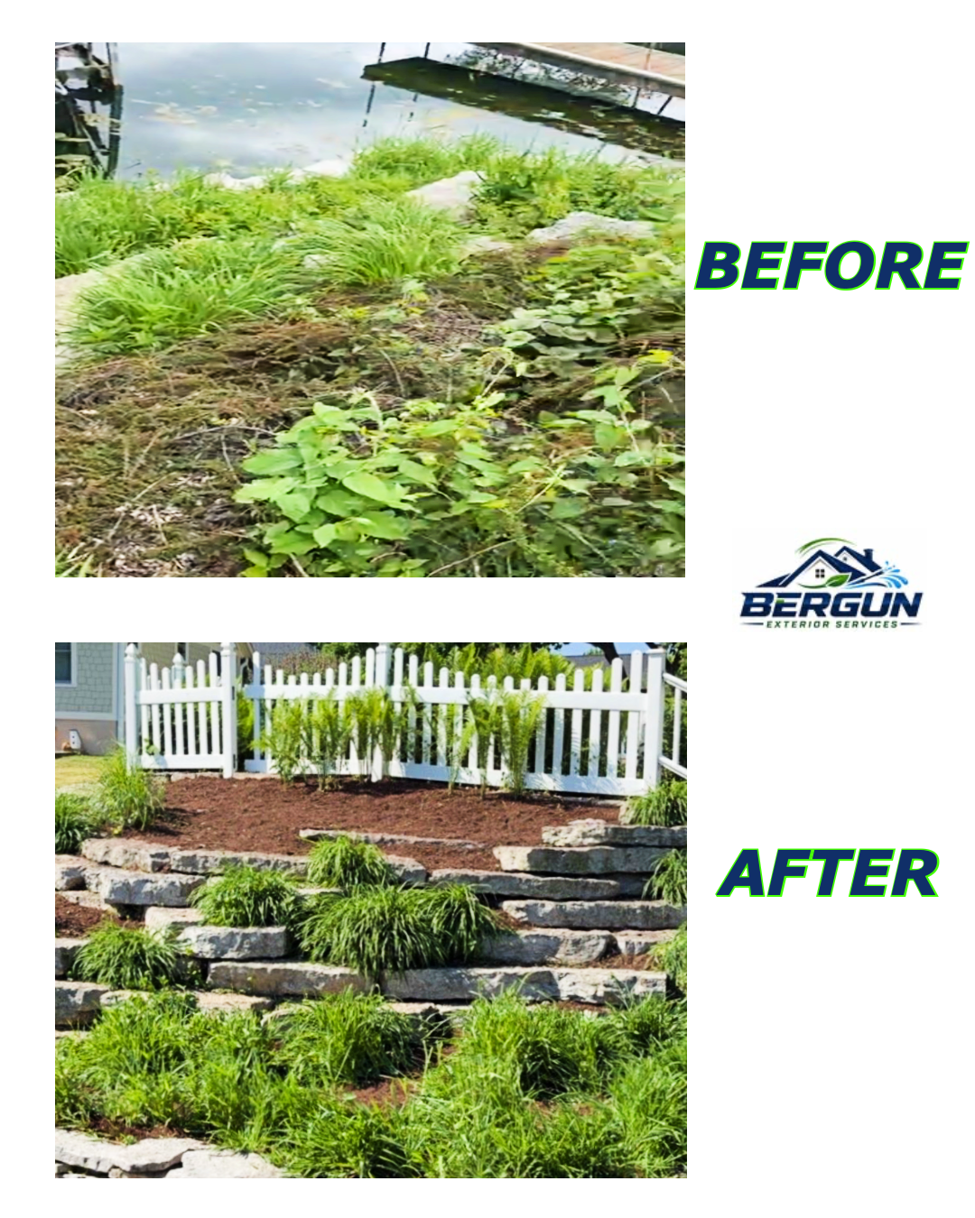 Before and after mulching project completed by BERGUN Exterior Services